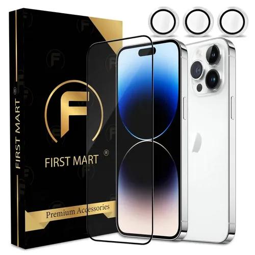 FIRST MART for iPhone 14 Pro Tempered Glass and 1 Set of Individual White Camera Rings Protectors, 2.5D Curved Edges, Full-Coverage Military-Grade Protection, Scratch Resistant | White Rings