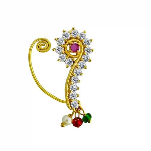 JEWELOPIA Maharashtrian Nose Ring Without Piercing Clip On Pearl Gold Marathi Nathiya For Women Girls (Ruby)