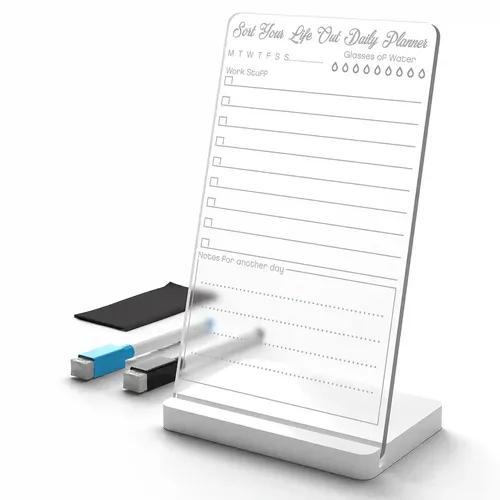 3 Lines To Do List Acrylic Board for Desk (12X8 CM)| Best Planner & Organiser | White Acrylic Base | With 2 Markers & Cleaning Fabric |Sort Your Life Out Daily Planner Translucent |Small