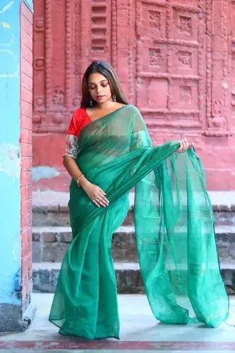 Soft Silk Sequence Chumki Saree - Bottle Green