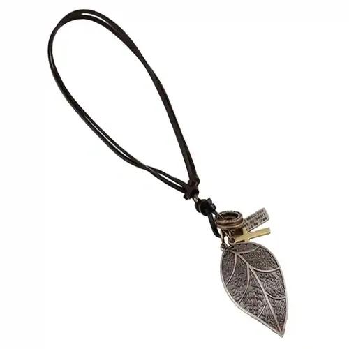 Leather Necklace with Leaf Design Pendant