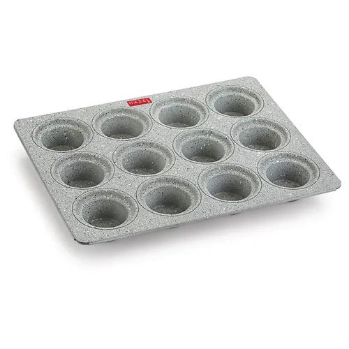 HAZEL Aluminium Cupcake Muffin Mould Microwave Safe 12 Cups Non Stick Granite Finish Mini Crown Muffin Pan Chocolate Baking Tray for House and Bakery, Grey