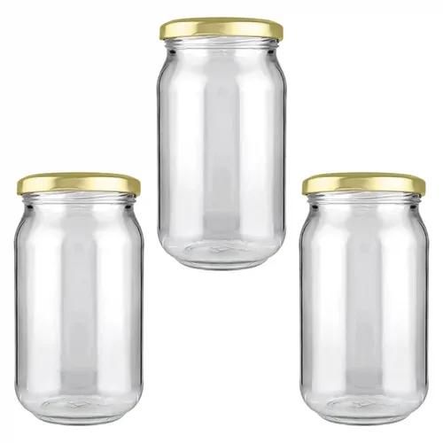 Shiva Organic 400gm Round Glass Jar for Kitchen Storage | Food Grade Glass Container | Golden Metal Cap | Air Tight Lid | Clear Transparent Jar - Pack of 3