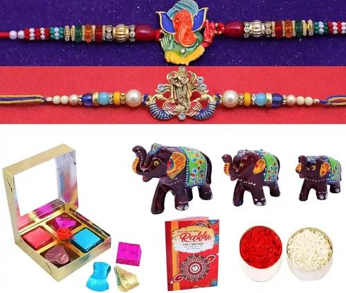 Rakhi Combo With Chocolates Gift For Brother And Bhabhi/ 2 Combo Rakhi Set With Chocolate Pack Hamper/ Rakshabandhan Gifts-2 Kundan Rakhi+Showpiece Figurine +Roli, Chawal+Rakhi Greeting Card